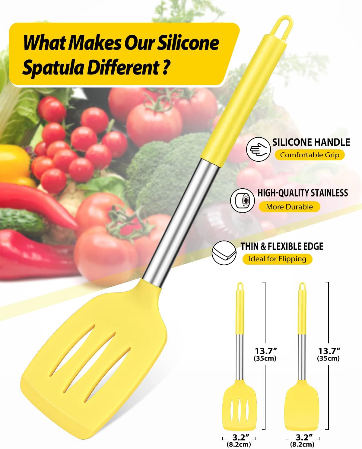 Pack of 2 Silicone Solid Turner,Non Stick Slotted Kitchen Spatulas,High Heat Resistant BPA Free Cooking Utensils,Ideal Cookware for Fish,Eggs,Pancakes (Black)