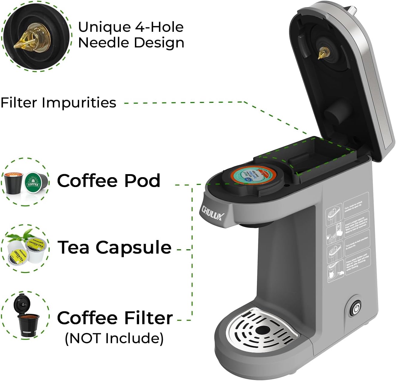 CHULUX Single Serve Coffee Maker for K Capsule and Ground Coffee, Single Cup Coffee Machine, Black