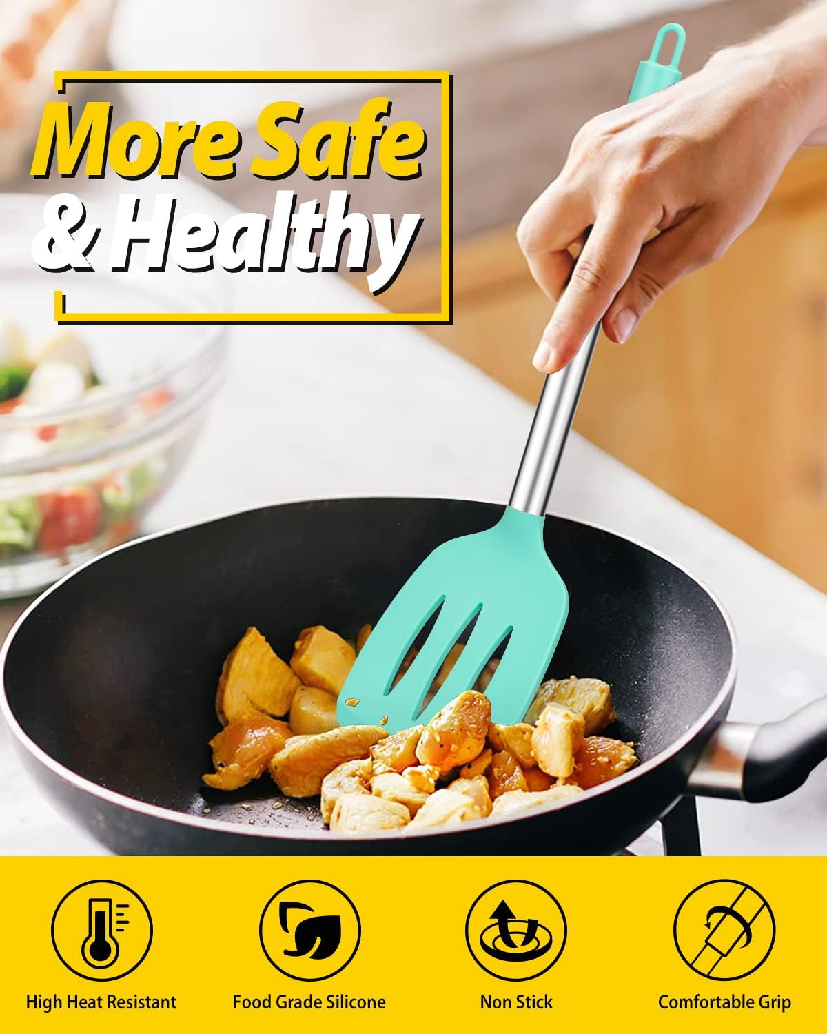 Pack of 2 Silicone Solid Turner,Non Stick Slotted Kitchen Spatulas,High Heat Resistant BPA Free Cooking Utensils,Ideal Cookware for Fish,Eggs,Pancakes (Black)