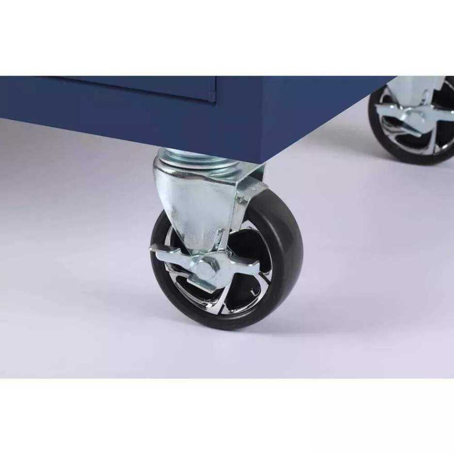 56 inches. W 5 Drawer 1 Door Deep Tool Box Mobile Workbench, Bright Blue, Hardwood Top