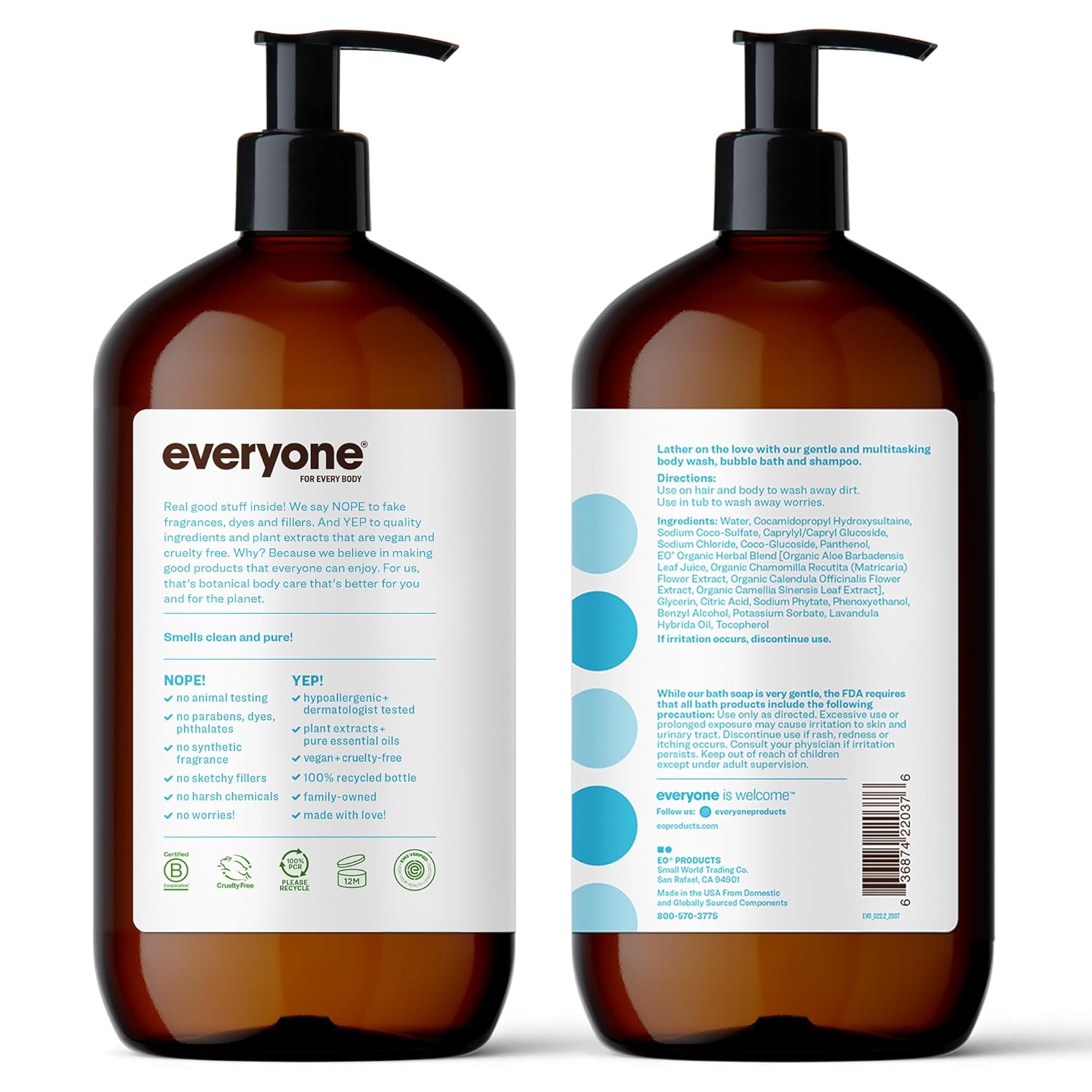 Everyone 3-in-1 Soap, Body Wash, Bubble Bath, Shampoo, 32 Ounce (Pack of 2), Lavender and Aloe, Coconut Cleanser with Organic Plant Extracts and Pure Essential Oils (Packaging May Vary)