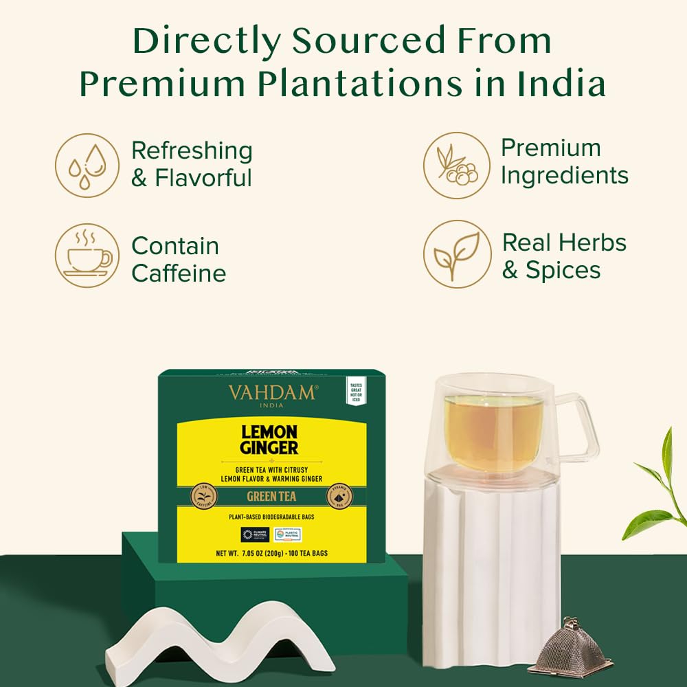 VAHDAM, Organic Turmeric Ginger Herbal Tea Bags (100 Pyramid Tea Bags) Caffeine Free, Non GMO, Gluten Free | 100% Pure Herbal Blend - Savory & Spicy | Plant-Based Tea Bags | Resealable Ziplock Pouch