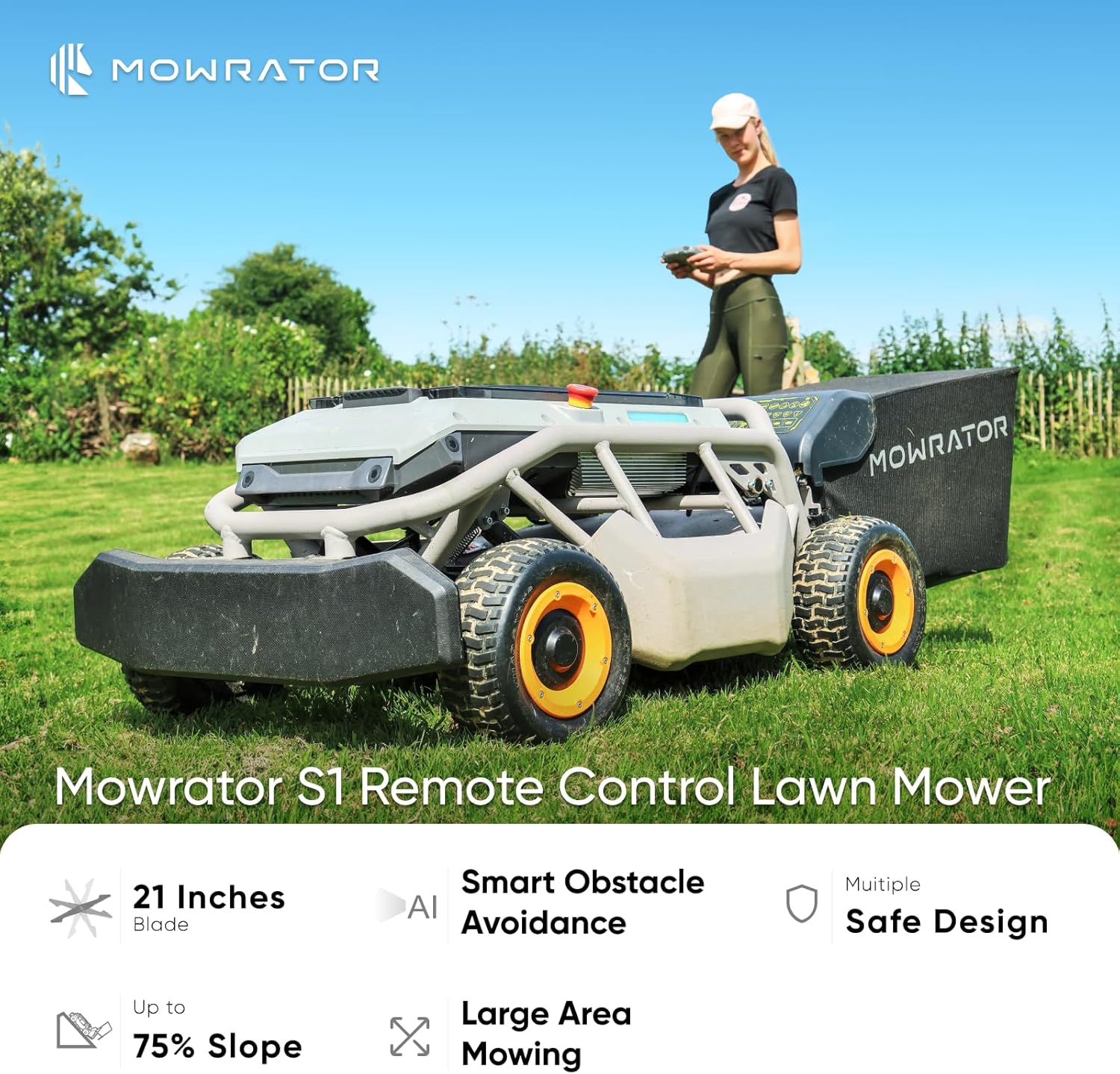 Remote Control Lawn Mower S1 2WD 56V18Ah, Multi-Functions RC Lawn Mower with 1.8-4.6 Inch Cutting Height 21 Inch Real Blade for Mowing 1.12 Acres