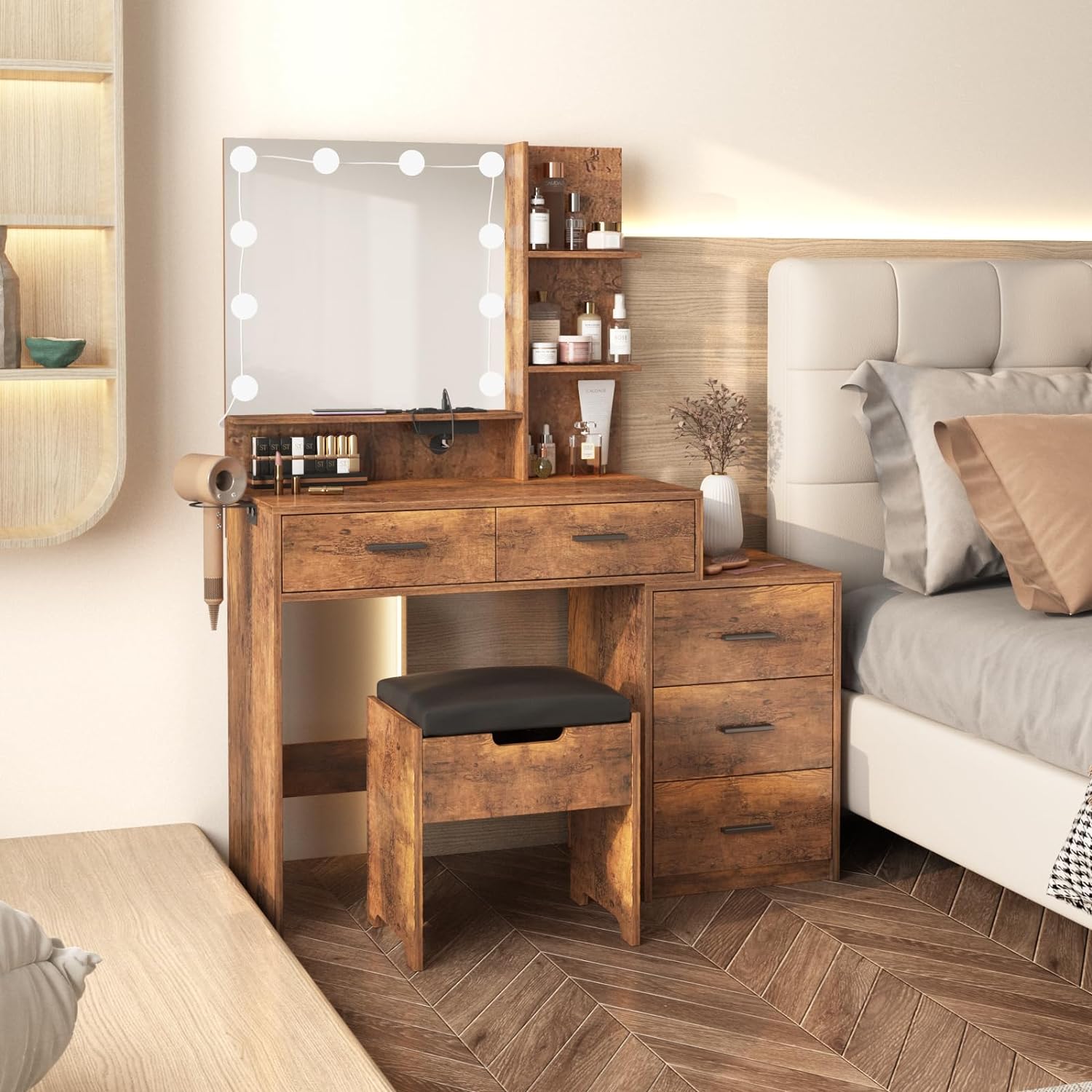 Maupvit Vanity Desk with Mirror and Lights, White Vanity with Bedside Table, 5 Drawers Large Capacity, Metal Silver Handle, Makeup Vanity with 10 Led Lights And Charging Station