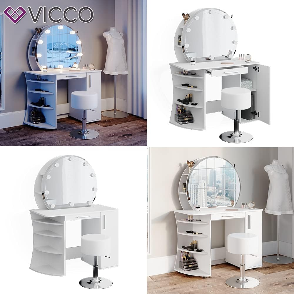 Vicco Almina Dressing Table 100 cm White with LED Lighting and Stool
