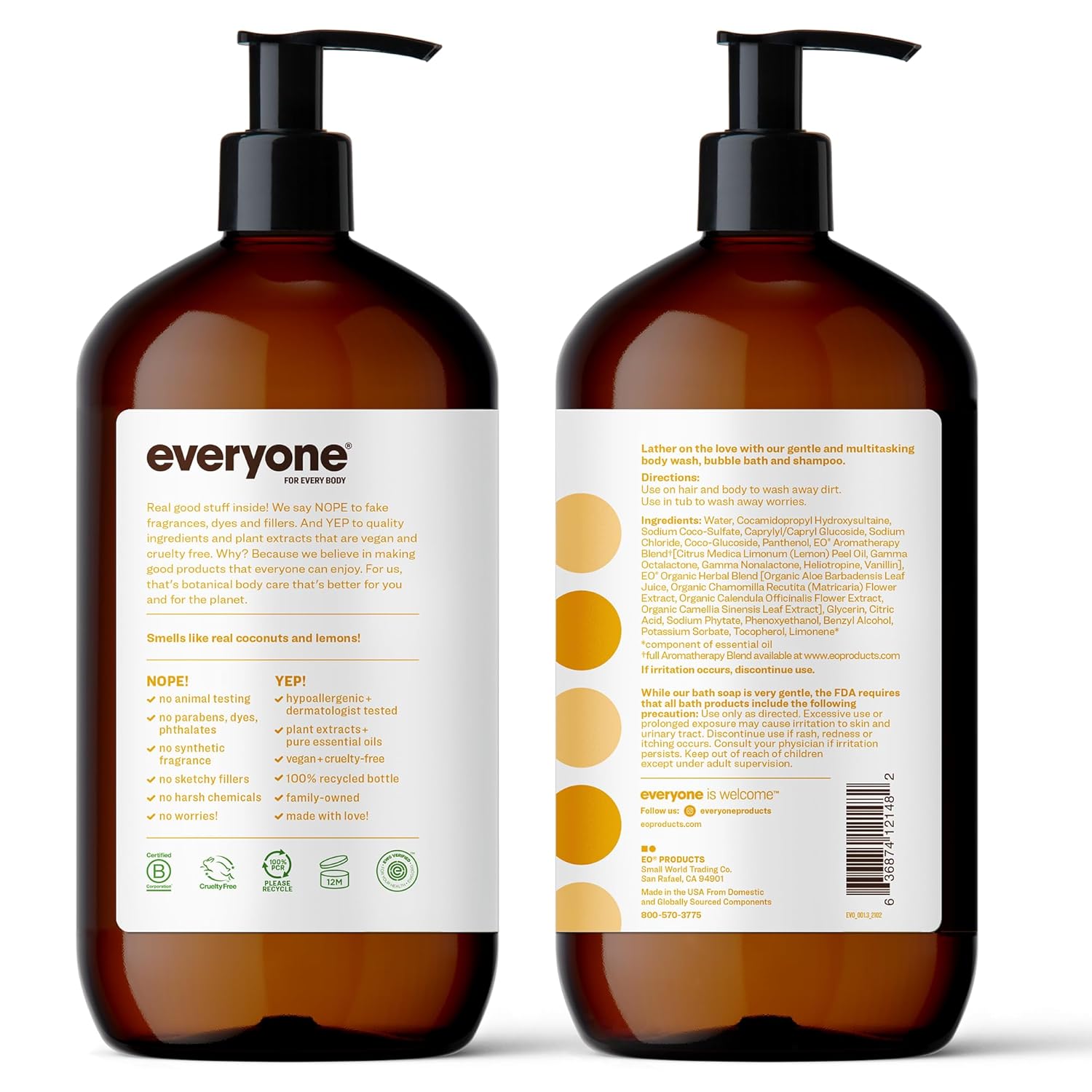 Everyone 3-in-1 Soap, Body Wash, Bubble Bath, Shampoo, 32 Ounce (Pack of 2), Lavender and Aloe, Coconut Cleanser with Organic Plant Extracts and Pure Essential Oils (Packaging May Vary)