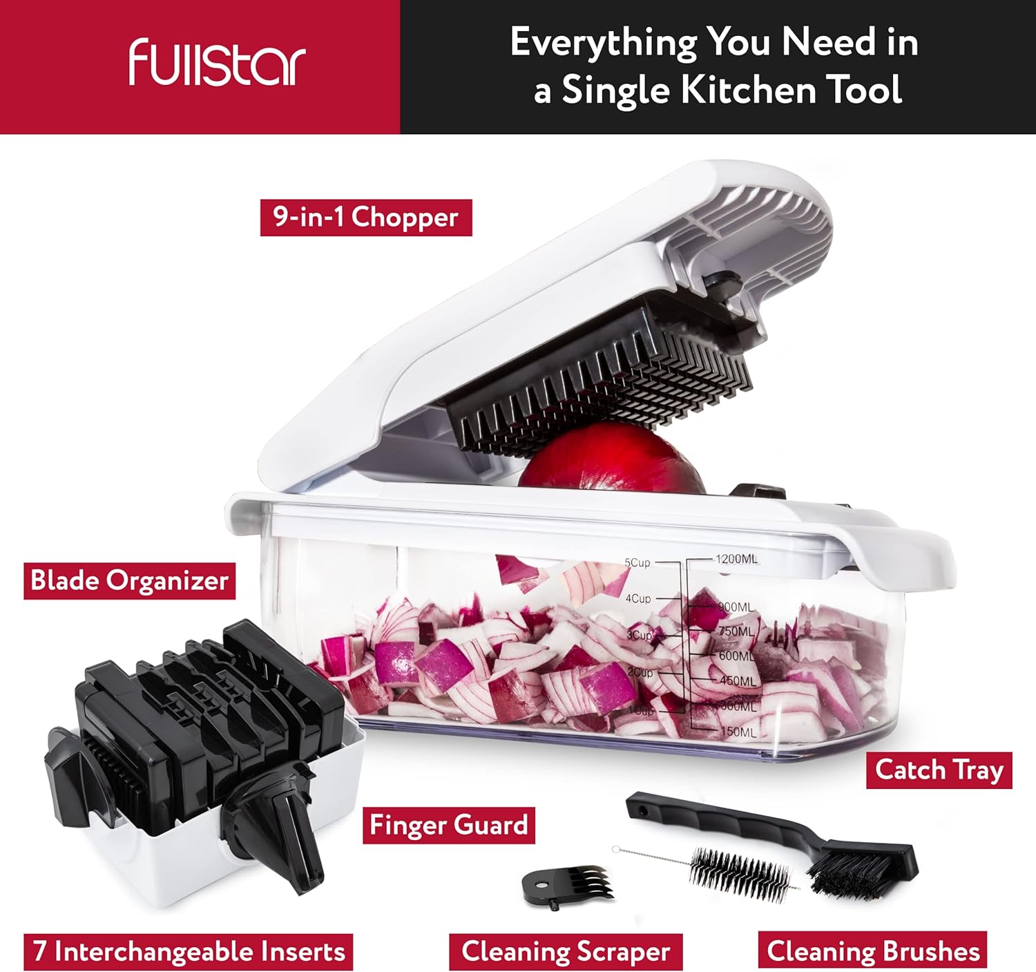 Fullstar Vegetable Chopper - Food Chopper - Onion Chopper - Vegetable Slicer & Spiralizer - Veggie Chopper with Container - Kitchen Gadgets - Home Essentials - Kitchen Accessories (4 in 1, White)