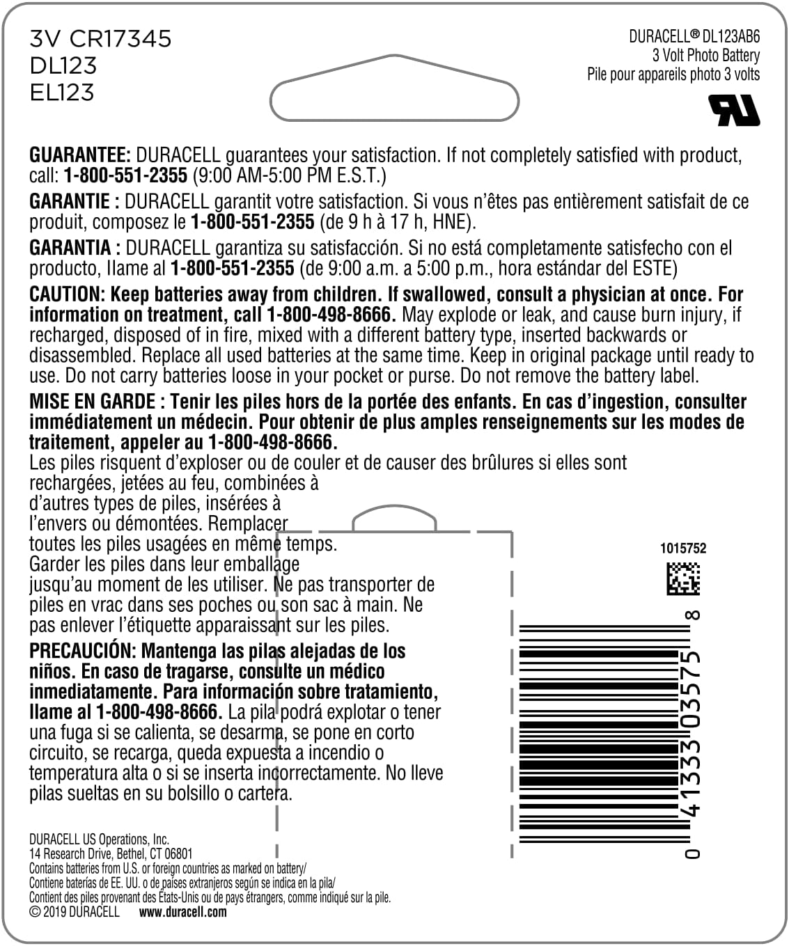 Duracell CR123A 3V Lithium Battery, 6 Count Pack, 123 3 Volt High Power Lithium Battery, Long-Lasting for Home Safety and Security Devices, High-Intensity Flashlights, and Home Automation