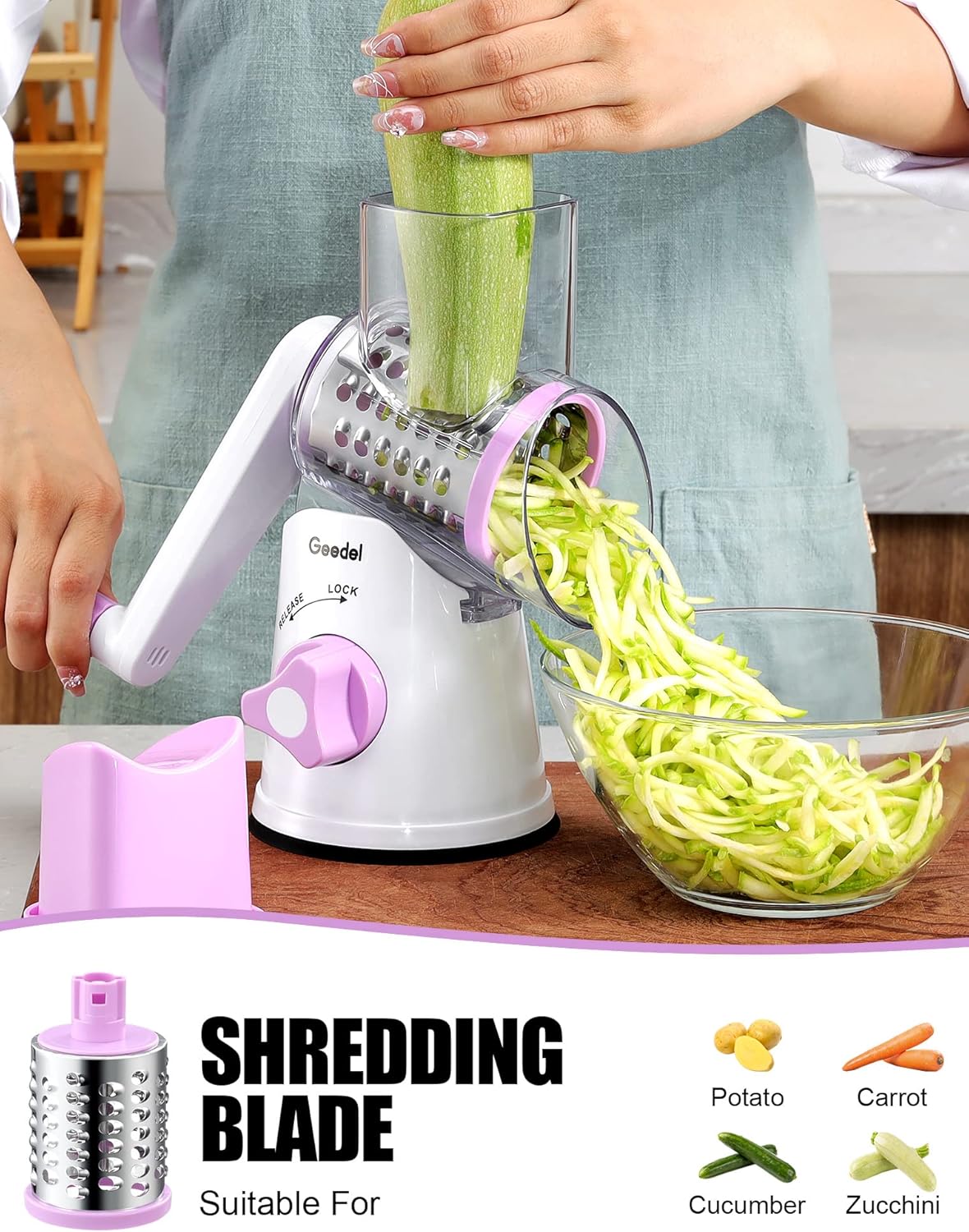 Geedel Rotary Cheese Grater, Kitchen Mandoline Vegetable Slicer with 3 Interchangeable Blades, Easy to Clean Grater for Fruit, Vegetables, Nuts