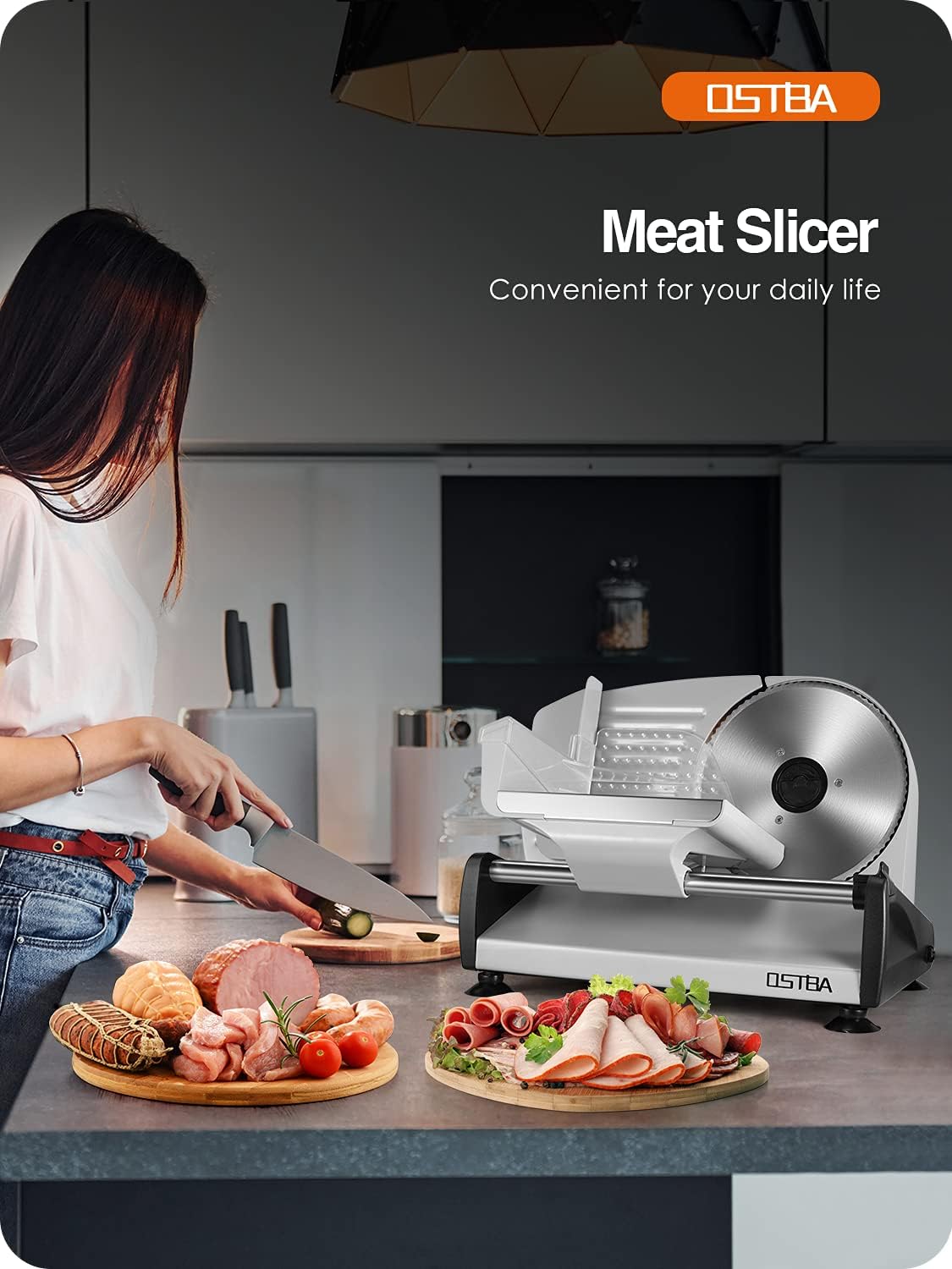OSTBA Meat Slicer Electric Deli Food Slicer with Child Lock Protection, Removable 7.5’’ Stainless Steel Blade and Food Carriage, Adjustable Thickness Food Slicer Machine for Meat, Cheese, Bread(150W)