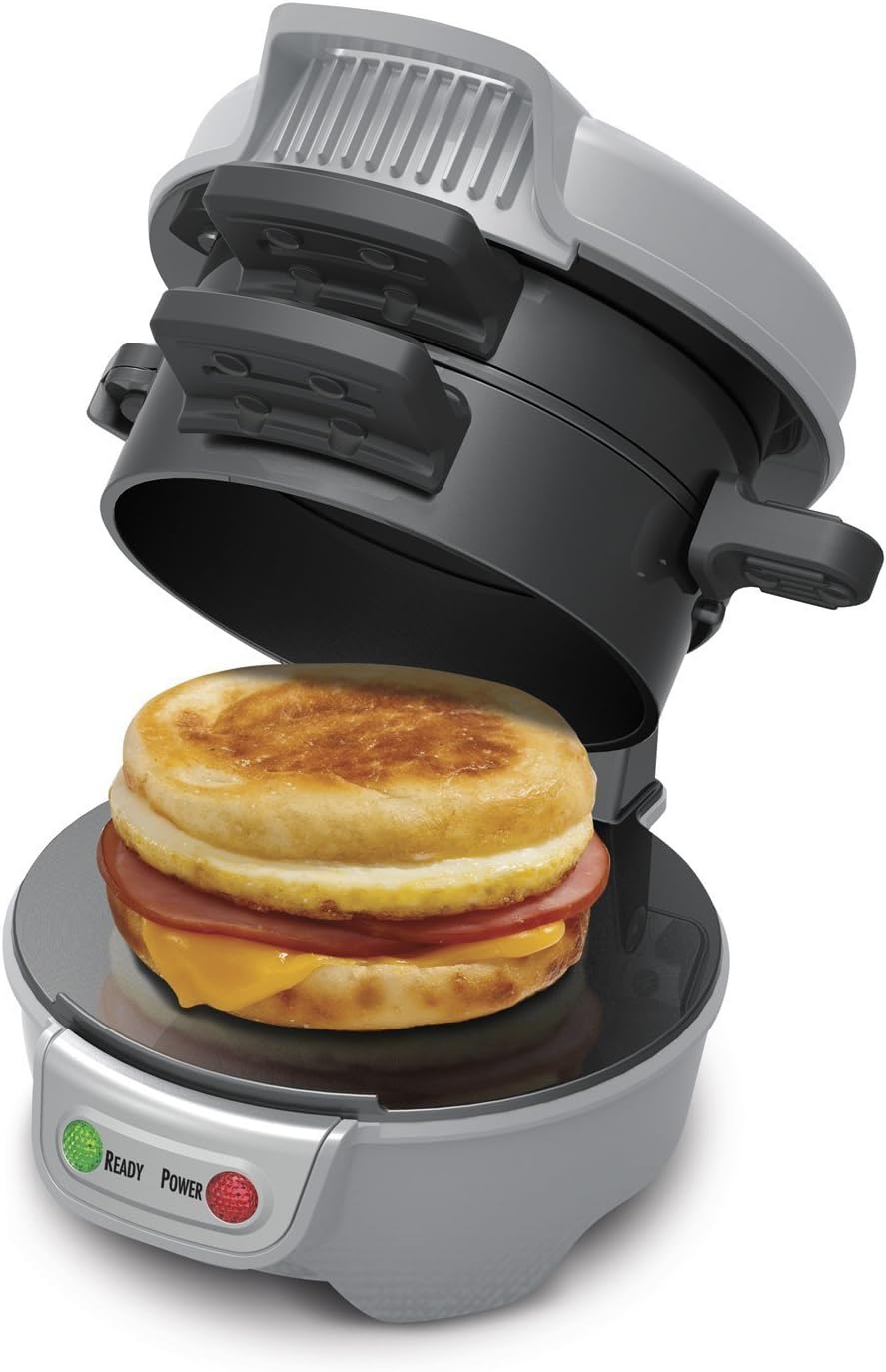 Hamilton Beach Breakfast Sandwich Maker with Egg Cooker Ring, Customize Ingredients, English Muffins, Croissants, Mini Waffles, Perfect White Elephant Gifts, Single, Black
