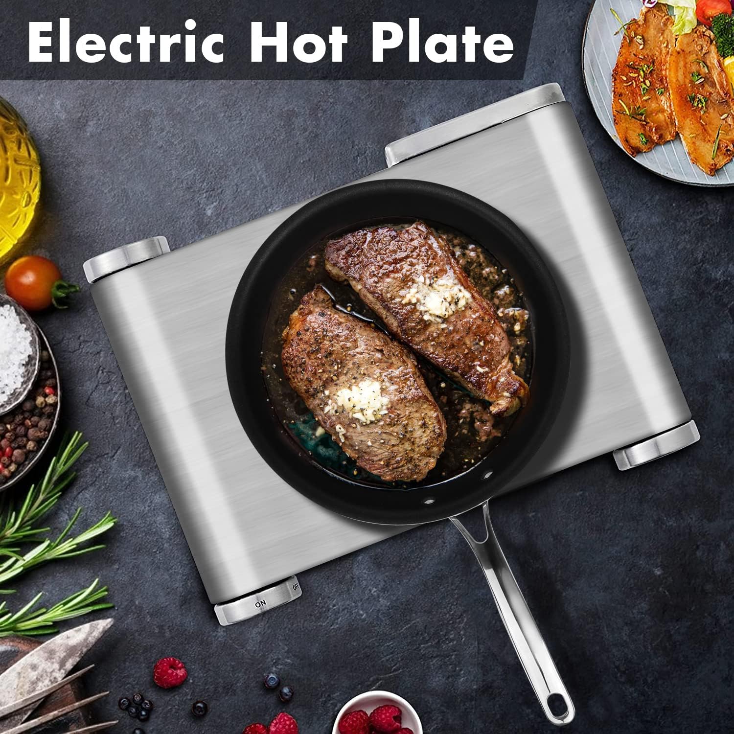 CUSIMAX 1800W Ceramic Electric Hot Plate for Cooking, Dual Control Infrared Cooktop, Double Burner, Portable Countertop Burner, Glass Plate Electric Cooktop, Silver, Stainless Steel-Upgraded Version