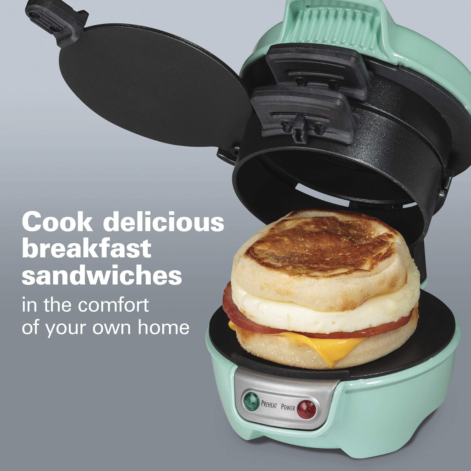 Hamilton Beach Breakfast Sandwich Maker with Egg Cooker Ring, Customize Ingredients, English Muffins, Croissants, Mini Waffles, Perfect White Elephant Gifts, Single, Black