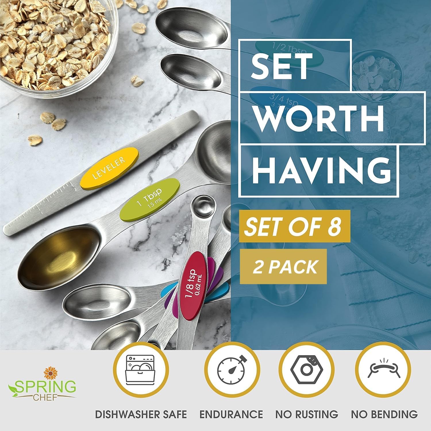 Spring Chef Magnetic Measuring Spoons Set with Strong N45 Magnets, Heavy Duty Stainless Steel Metal, Fits in Most Kitchen Spice Jars for Baking & Cooking, BPA Free, Black, Set of 8 with Leveler