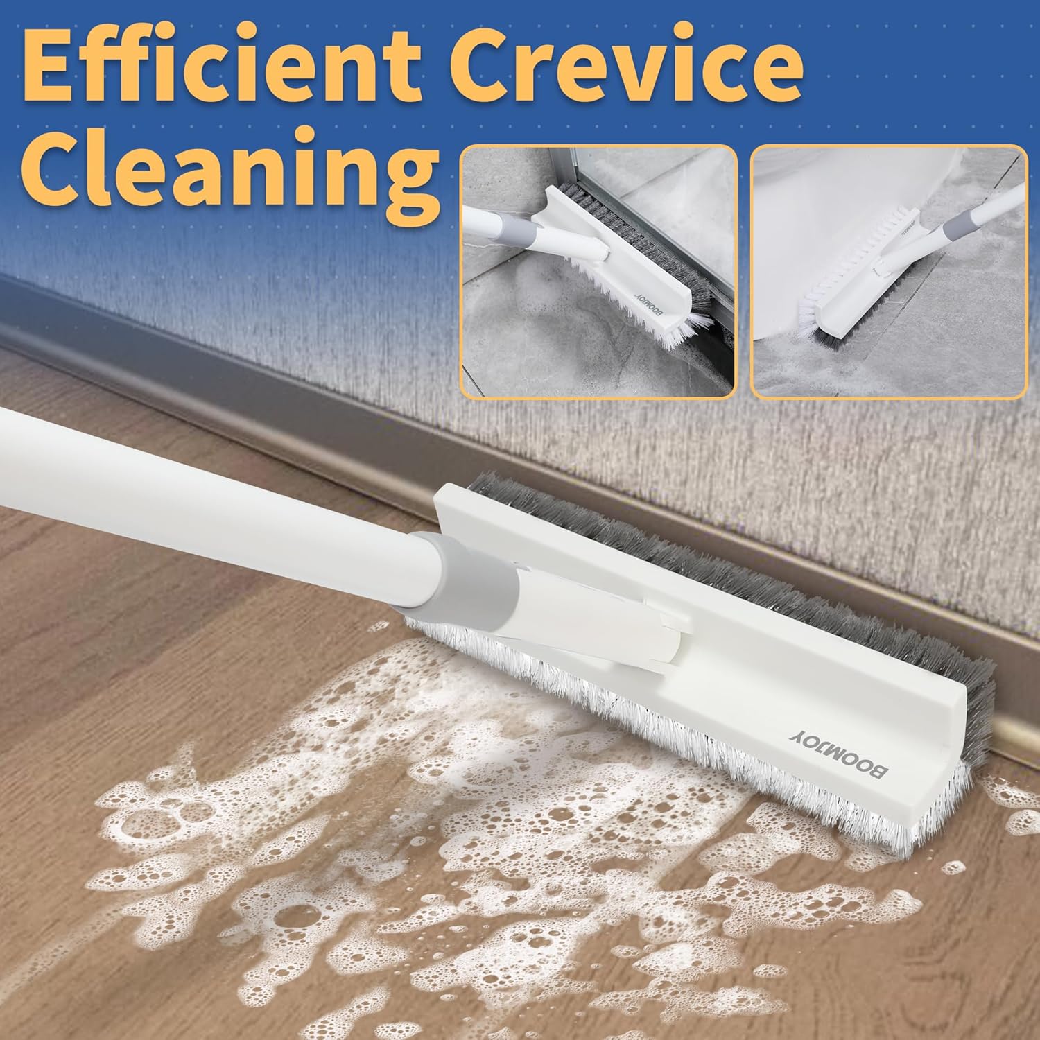 BOOMJOY Floor Scrub Brush with Long Handle, 2 in 1 Scrape and Brush, Stiff Bristles Floor Scrubber, Deck Brush for Cleaning Bathroom, Patio, Garage, Kitchen, Bath, Tile