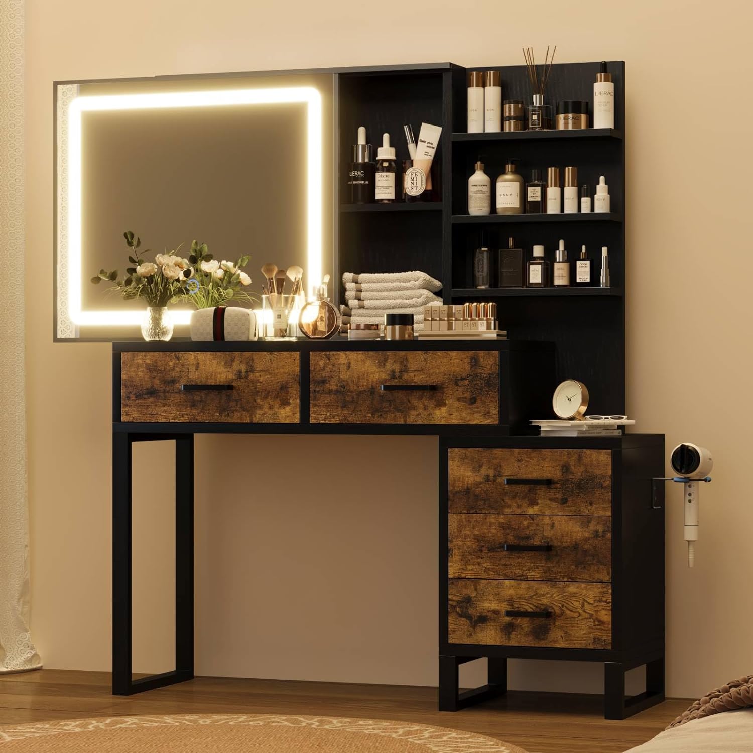 GAOMON Vanity Desk, Makeup Vanity with Adjustable LED Lighted Sliding Mirror, Charging Station, Vanity Table with 5 Drawers, Cabinet, Shelf and Stool, Bedroom Retro Black