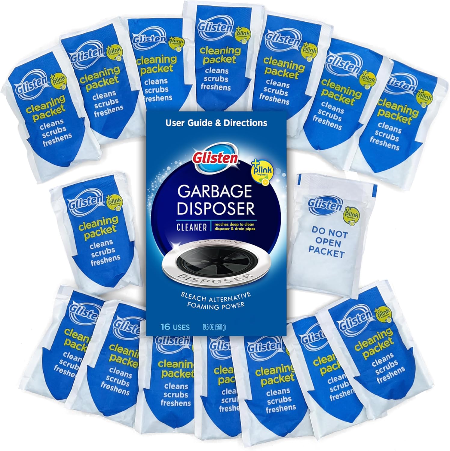 Glisten Garbage Disposer Cleaner and Freshener, Sink Disposal Odor Eliminator with Foaming Action, Lemon Scent, 4 Packets