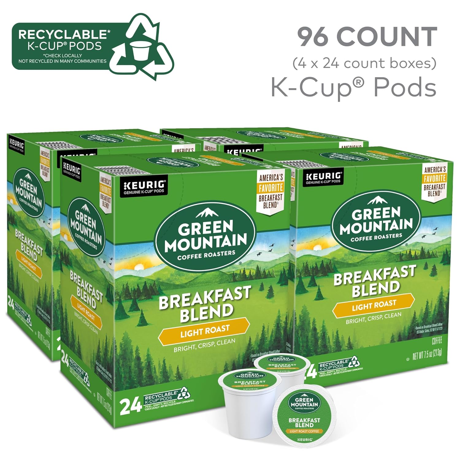Green Mountain Coffee Roasters Breakfast Blend Single-Serve Keurig K-Cup Pods, Light Roast Coffee, 96 Count