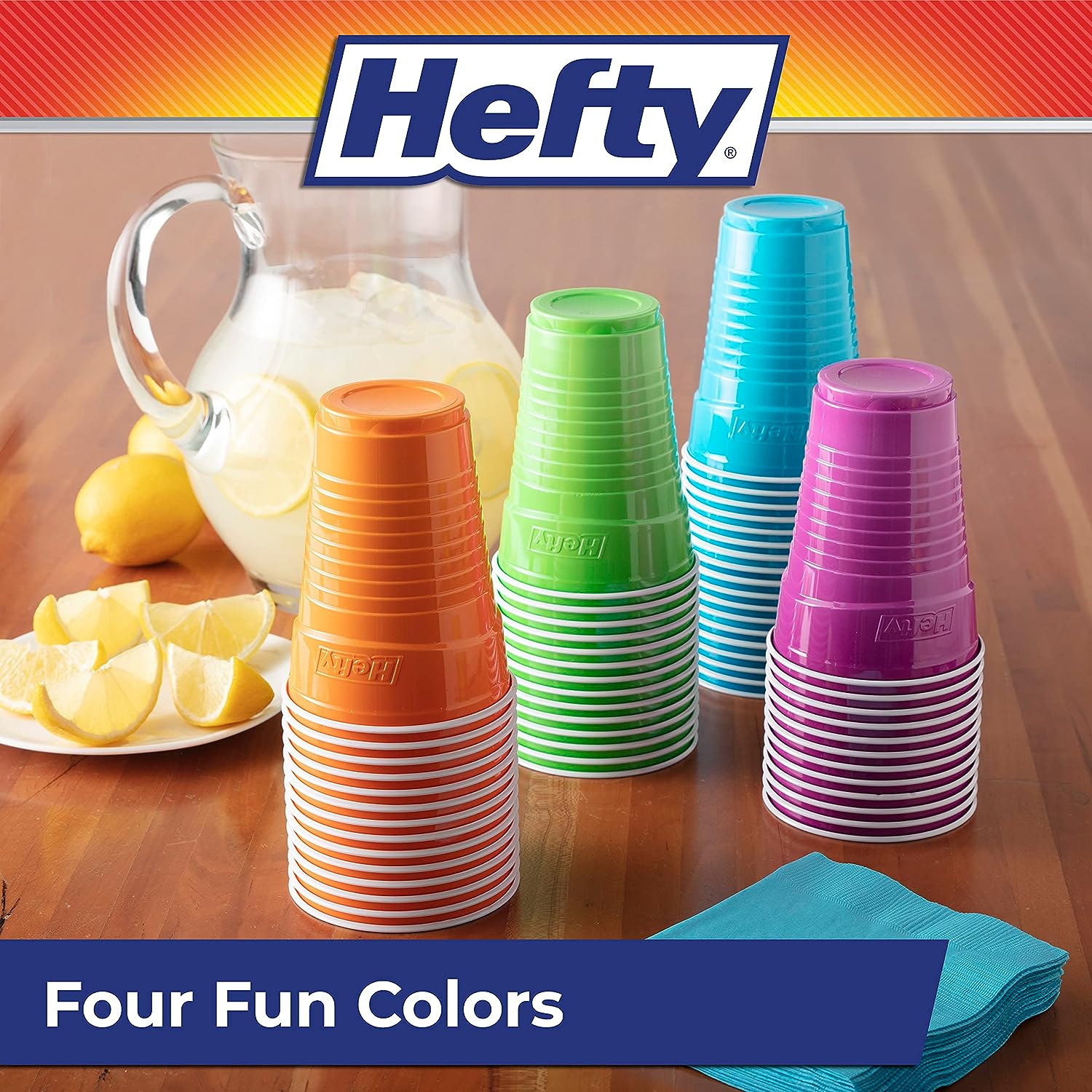 Hefty Party On Disposable Plastic Cups, Assorted, 16 Ounce, 100 Count