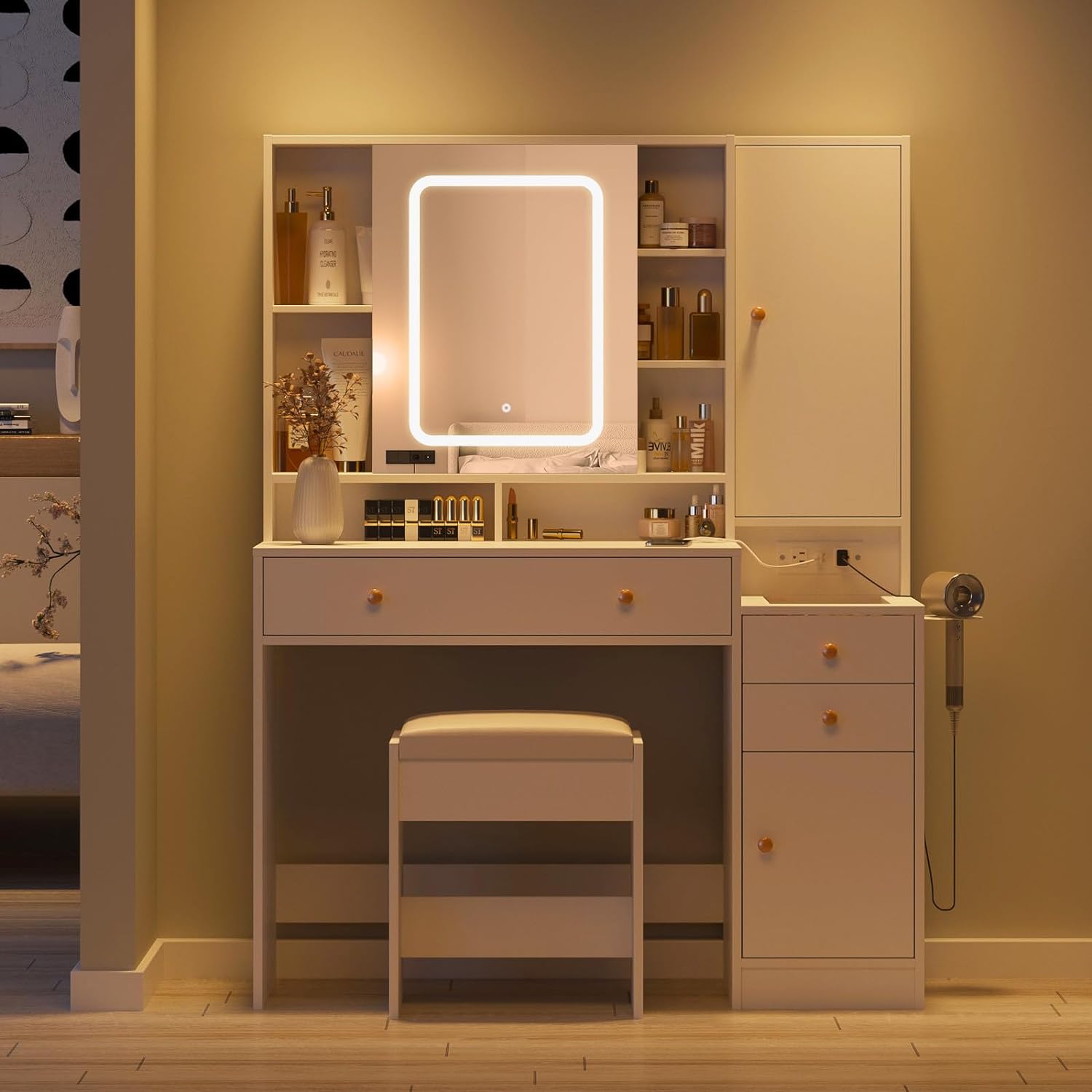 Vanity Desk with Mirror and Lights, Glass Top Vanity Table Makeup Vanity with Lights and Charging Station & Sliding Door, Glass Top Vanity with 3 Drawers and Jewelry Cabinet, 42.8inch