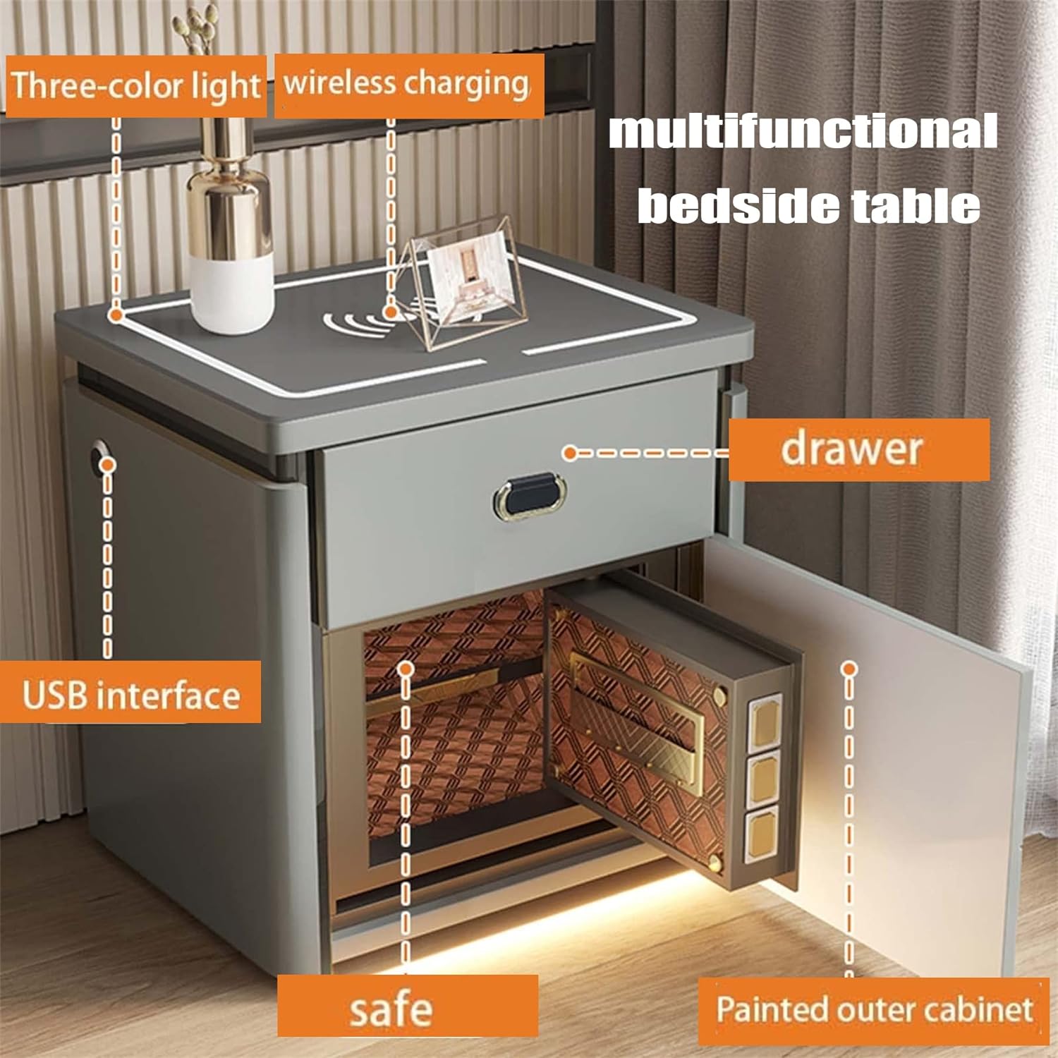 Modern Wood Nightstand with Glass Top and Drawers