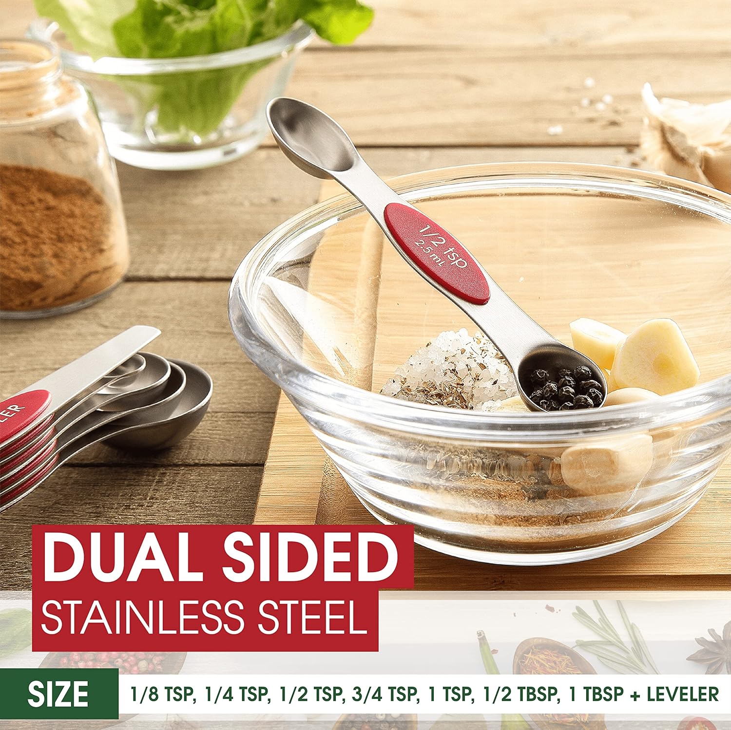 Spring Chef Magnetic Measuring Spoons Set with Strong N45 Magnets, Heavy Duty Stainless Steel Metal, Fits in Most Kitchen Spice Jars for Baking & Cooking, BPA Free, Black, Set of 8 with Leveler