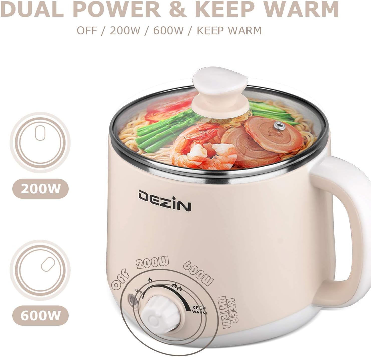 Dezin Electric Pot, 1.6L Ramen Cooker, Hot Pot Electric Stainless Steel, Multifunctional Electric Cooker for Egg, Pasta, Soup, Porridge, Oatmeal with Temperature Control and Keep Warm Function
