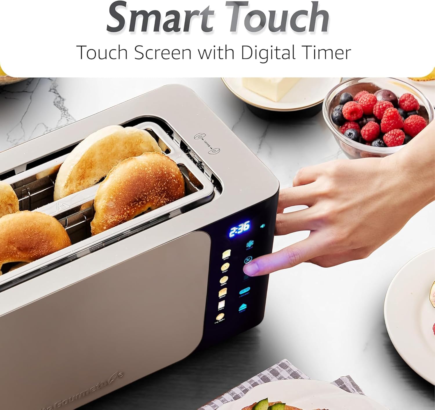 Elite Gourmet ECT-3100 Long Slot 4 Slice Toaster, Reheat, 6 Toast Settings, Defrost, Cancel Functions, Built-in Warming Rack, Extra Wide Slots for Bagels & Waffles, Stainless Steel & Black