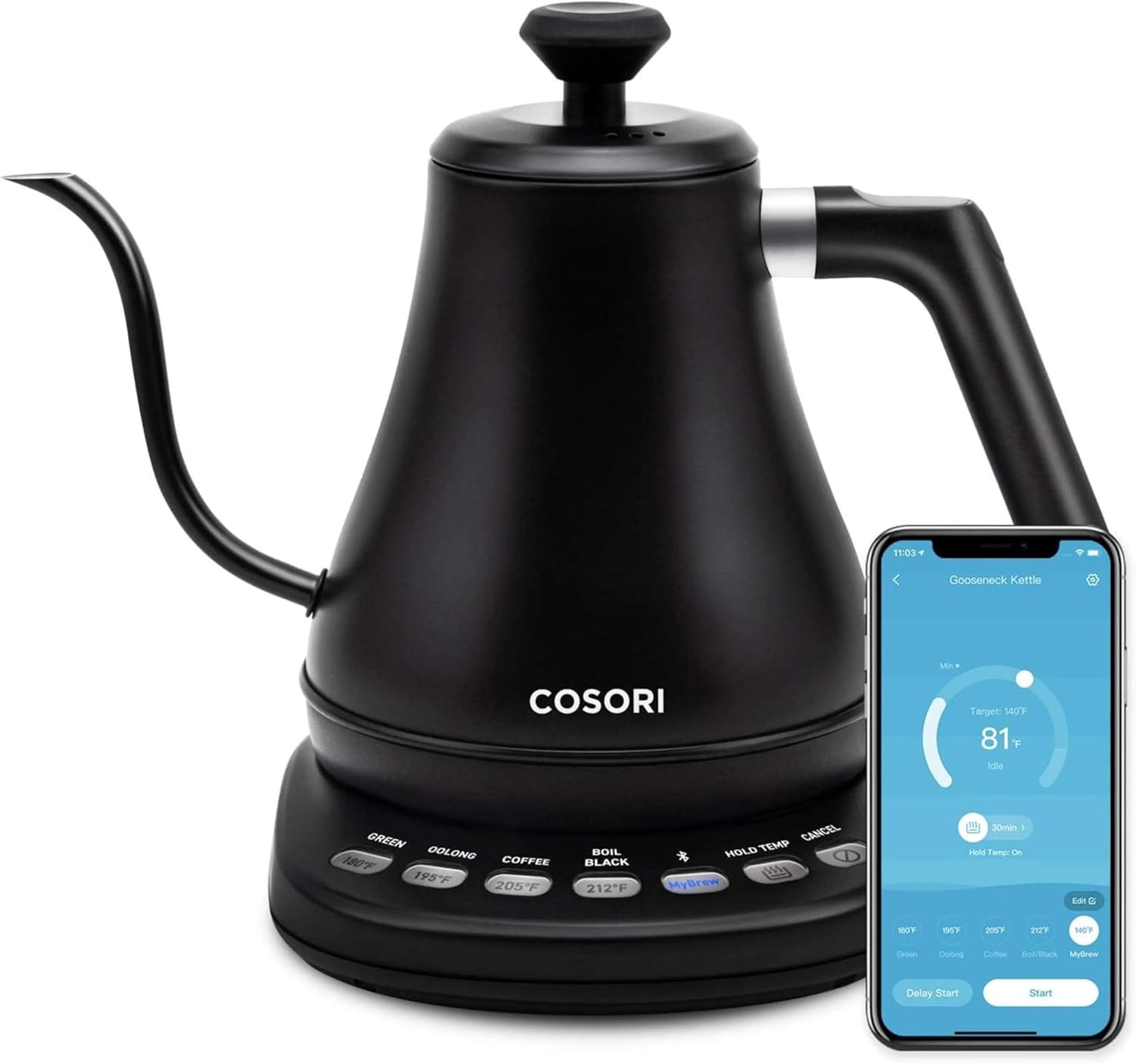 COSORI Electric Gooseneck Kettle with 5 Temperature Control Presets, Pour Over Kettle for Coffee & Tea, Hot Water Boiler, 100% Stainless Steel Inner Lid & Bottom, 1200W/0.8L