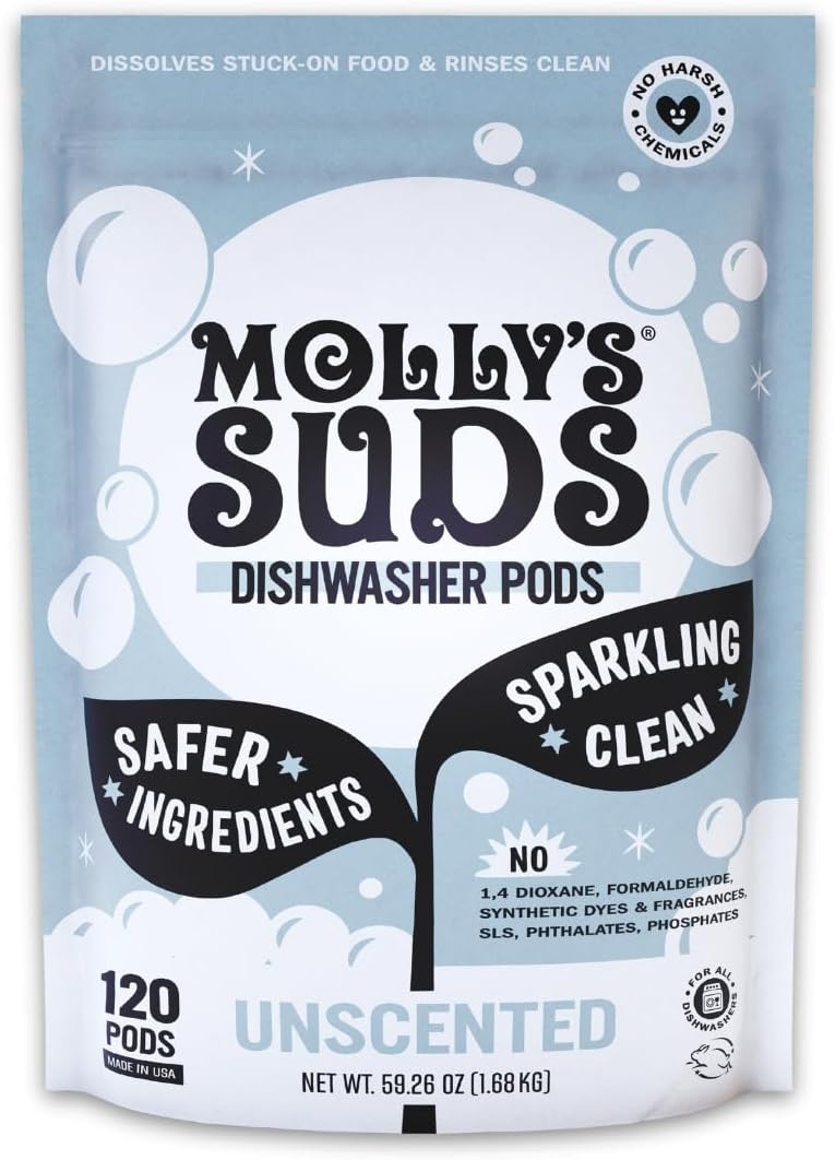 Molly's Suds Dishwasher Pods | Natural Dishwasher Detergent, Cuts Grease & Rinses Clean (Residue-Free) for Sparkling Dishes | 60 Auto-Release Tabs (Unscented)