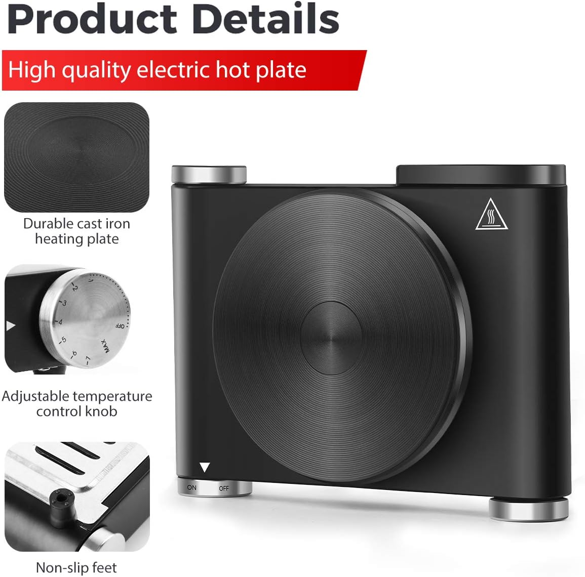 CUSIMAX Electric Hot Plate for Cooking Portable Single Burner 1500W Cast Iron hot plates Heat-up in Seconds Adjustable Temperature Control Stainless Steel Non-Slip Rubber Feet Upgraded Version B101