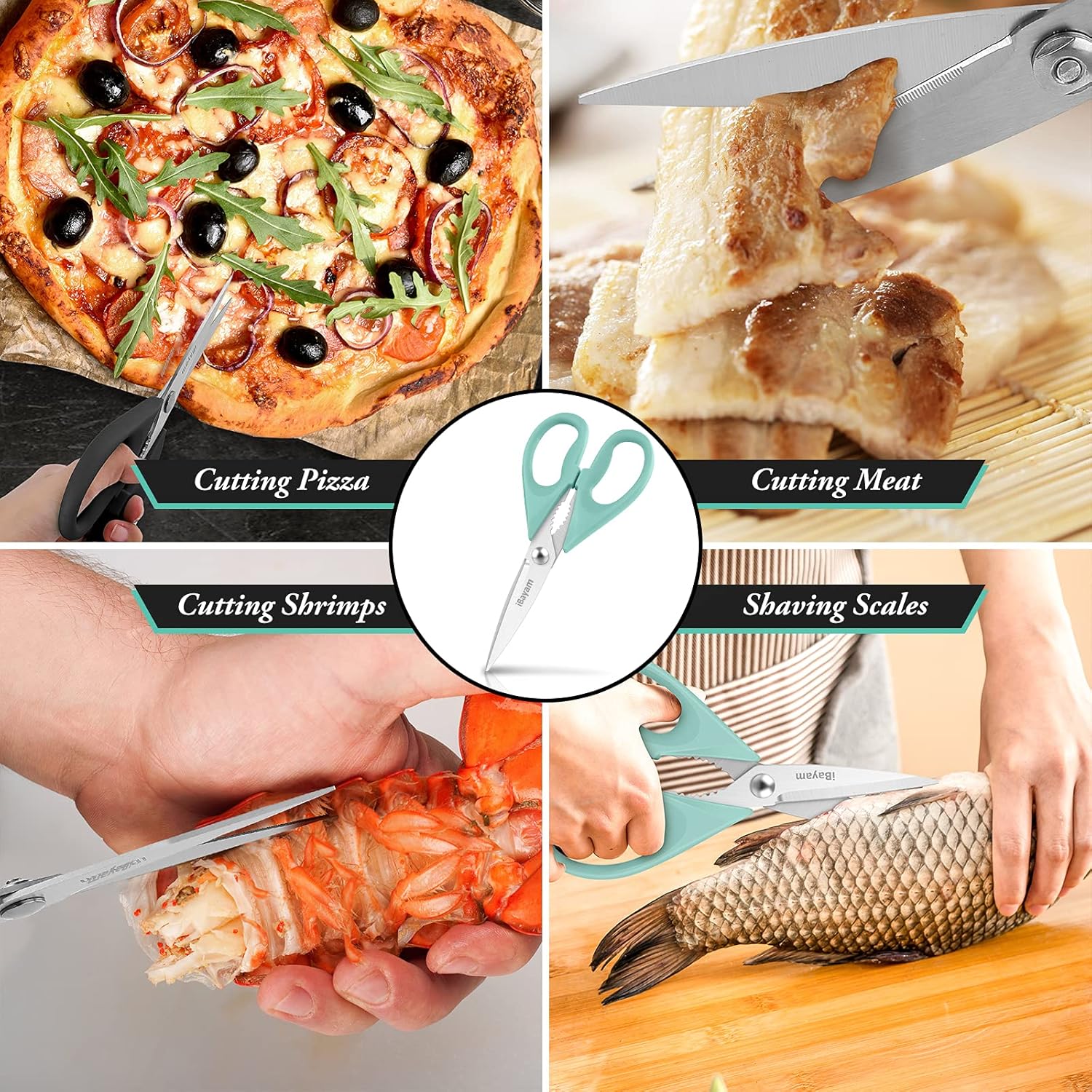 iBayam Kitchen Scissors All Purpose Heavy Duty Meat Poultry Shears, Dishwasher Safe Food Cooking Scissors Stainless Steel Utility Scissors, 2-Pack (Black Red, Black Gray)