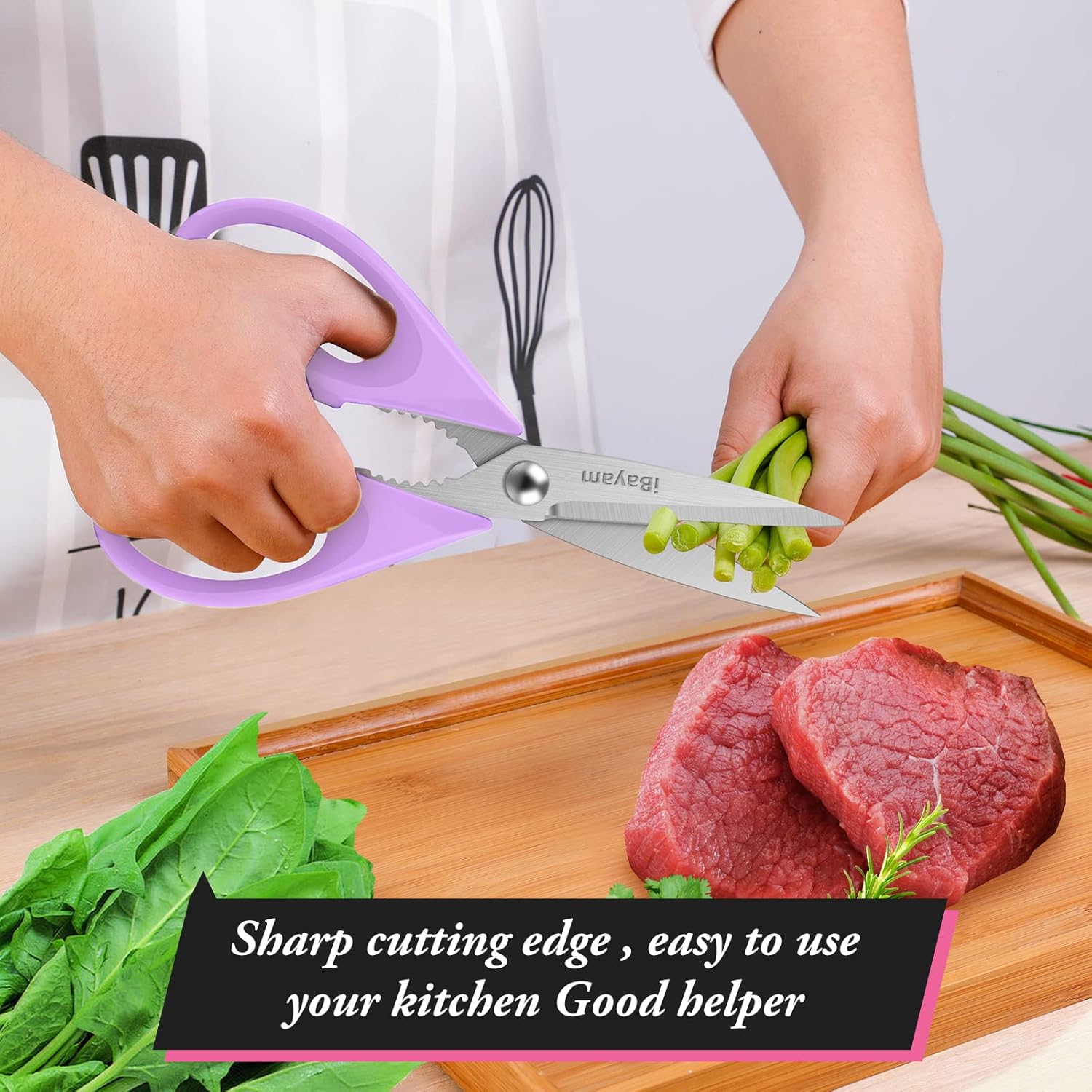 iBayam Kitchen Scissors All Purpose Heavy Duty Meat Poultry Shears, Dishwasher Safe Food Cooking Scissors Stainless Steel Utility Scissors, 2-Pack (Black Red, Black Gray)