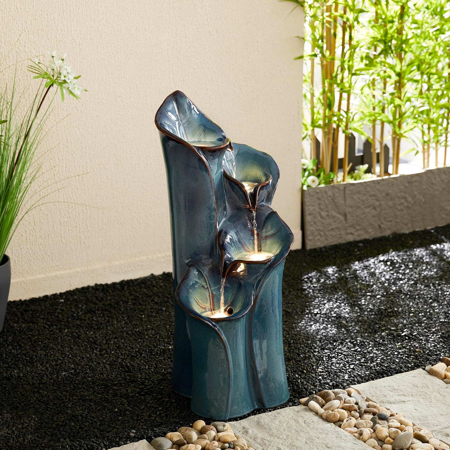 Outdoor Water Fountain with LED Lights and Pump, 4 Tier Dandelion Texture Vase Shaped Ceramic Floor Standing Fountain with Birds for Porch Deck Garden Patio Backyard, Turquoise