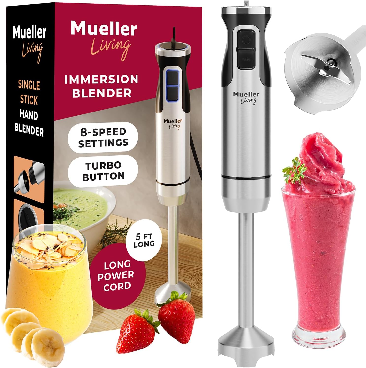Mueller Immersion Blender Handheld - 8 Speed Stainless Steel Electric Hand Blender, 3 in 1 Emulsion Blender Handheld with Turbo Mode, Stick Blender Emulsifier for Kitchen for Soup, Smoothie, Puree