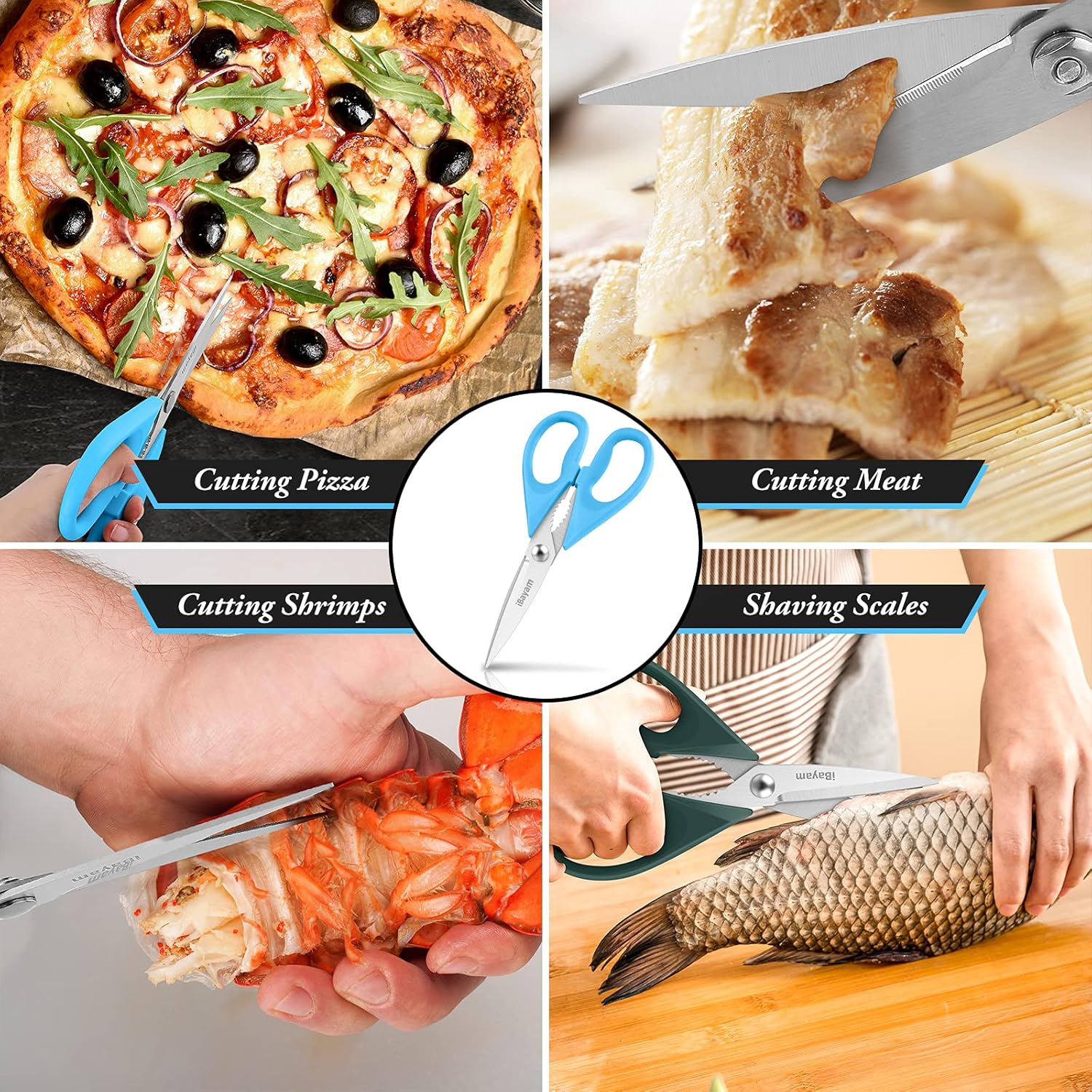 iBayam Kitchen Scissors All Purpose Heavy Duty Meat Poultry Shears, Dishwasher Safe Food Cooking Scissors Stainless Steel Utility Scissors, 2-Pack (Black Red, Black Gray)