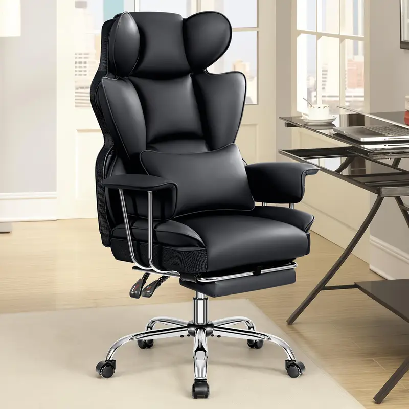 Plus-Size Executive High-Back Leather Actflame Premium Ergonomic Office Chair With Enhanced Lumbar Support & Integrated Footrest - Perfect Fit For Spacious Homes & Offices