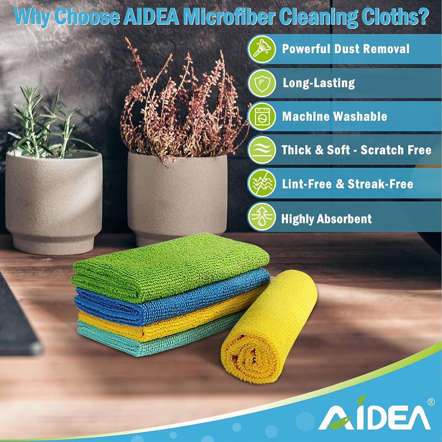 AIDEA Microfiber Cleaning Cloths-8PK, All-Purpose Cleaning Towels, Soft Absorbent Cleaning Rags Kitchen Towels, Lint-Free Dusting Cloth for House, Kitchen, Car, Window-(12in.x 12in.)