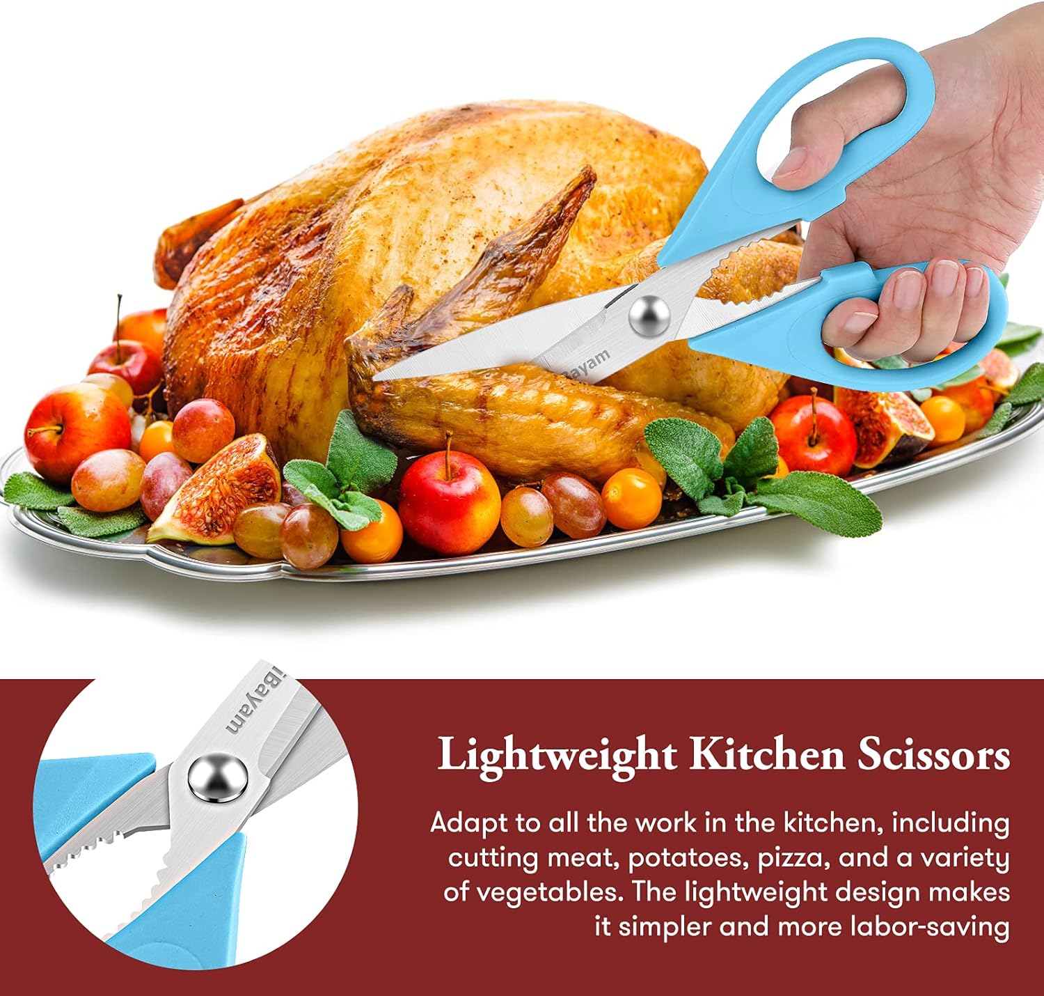 iBayam Kitchen Scissors All Purpose Heavy Duty Meat Poultry Shears, Dishwasher Safe Food Cooking Scissors Stainless Steel Utility Scissors, 2-Pack (Black Red, Black Gray)