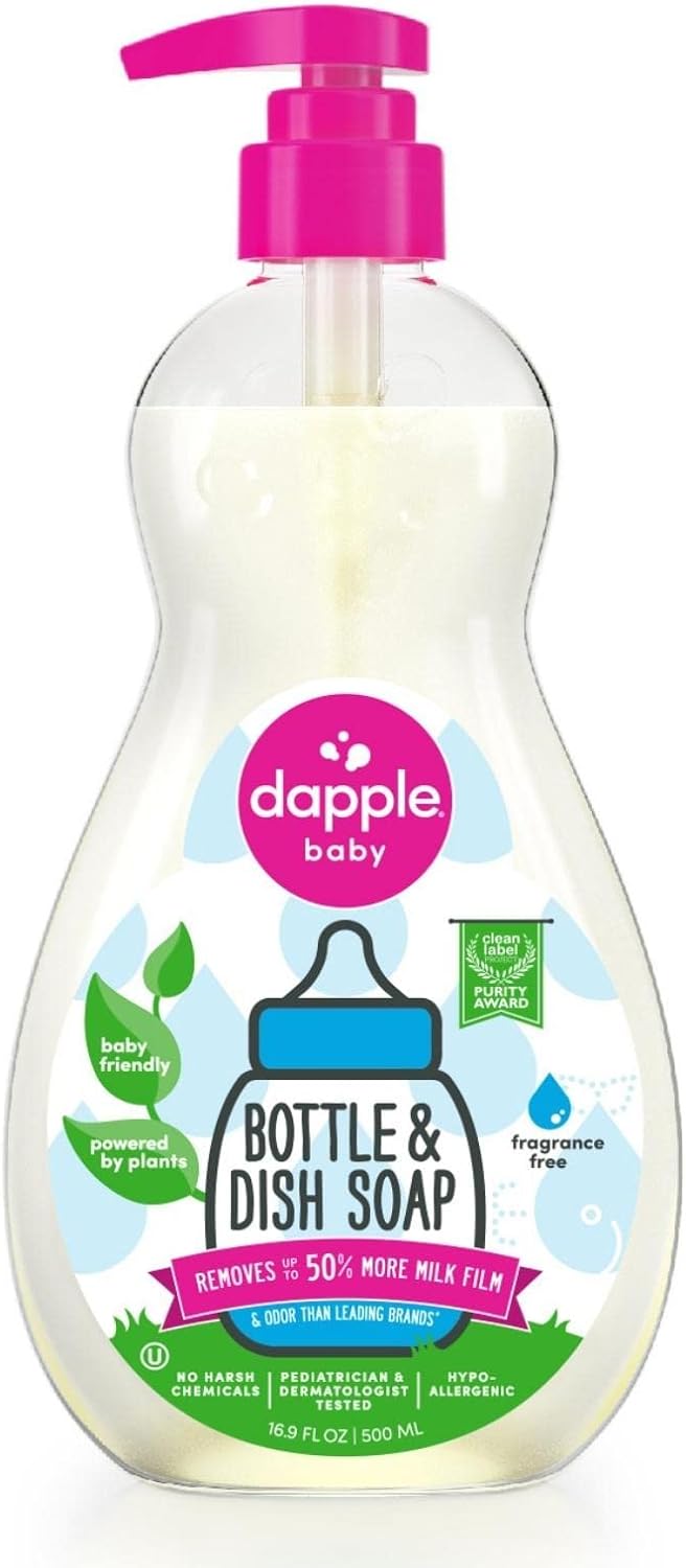 Dapple Baby Bottle Soap, Hypoallergenic Dish Soap for Baby Bottles, Powered by Plants, 1 Pump Included, Packaging May Vary, Fragrance Free, 16.9 Fl Oz (Pack of 3)