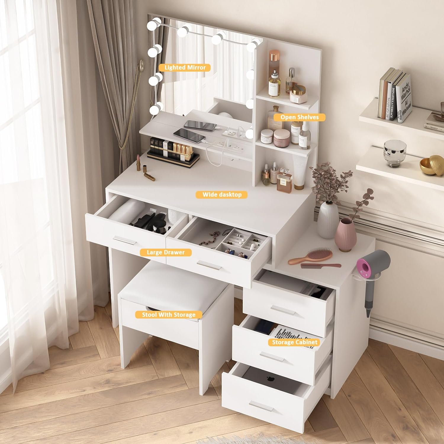 Maupvit Vanity Desk with Mirror and Lights, White Vanity with Bedside Table, 5 Drawers Large Capacity, Metal Silver Handle, Makeup Vanity with 10 Led Lights And Charging Station
