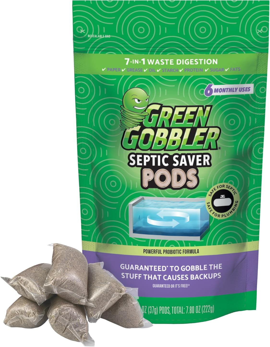 Green Gobbler Septic Tank Treatment Packets, 6 Month Supply - Natural Bacteria to Prevent Costly Septic Issues, Back-Ups, Pod: Color May Vary