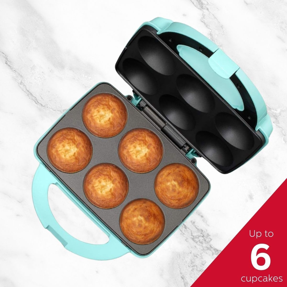 Holstein Housewares Non-Stick Cupcake Maker, Teal - Makes 6 Cupcakes, Muffins, Cinnamon Buns - Birthdays, Holidays, and More