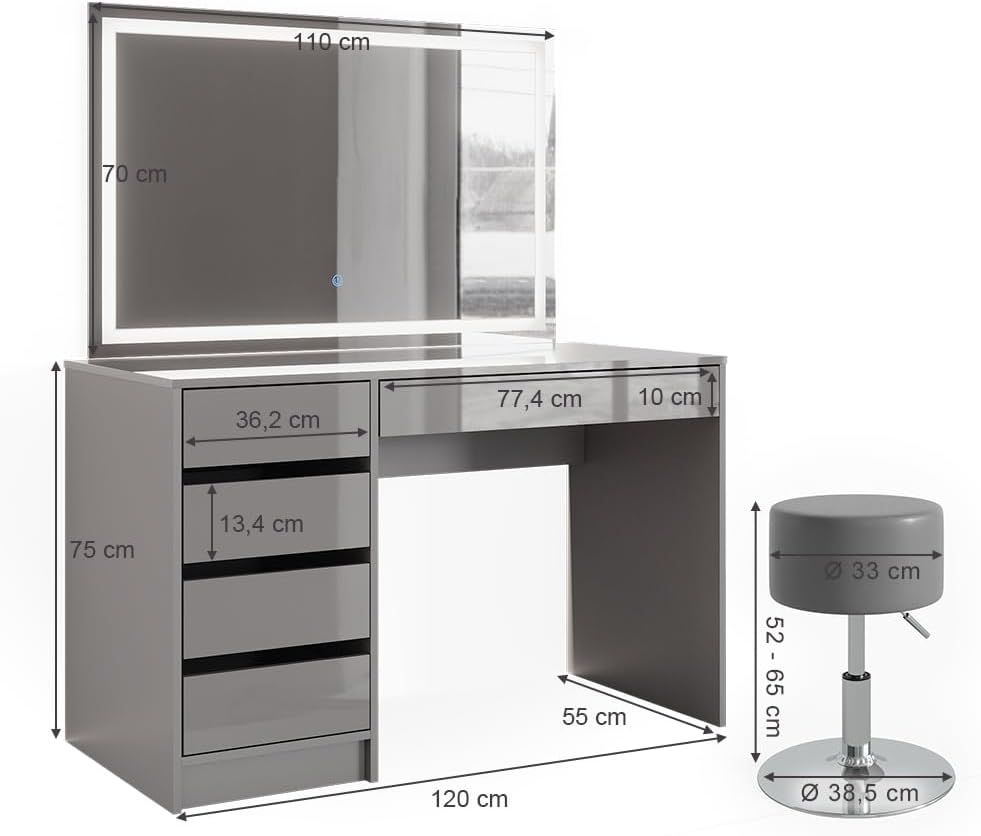 Vicco Sherry Dressing Table Sonoma / White 120 cm with LED Mirror and Stool