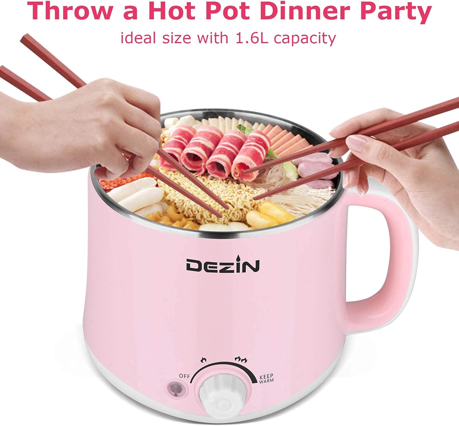 Dezin Electric Pot, 1.6L Ramen Cooker, Hot Pot Electric Stainless Steel, Multifunctional Electric Cooker for Egg, Pasta, Soup, Porridge, Oatmeal with Temperature Control and Keep Warm Function