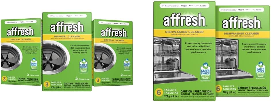 Affresh Garbage Disposal Cleaner, Removes Odor-Causing Residues, 9 Tablets [3 Pack] & Dishwasher Cleaner, Helps Remove Limescale and Odor-Causing Residue, 12 Tablets (2 Pack)