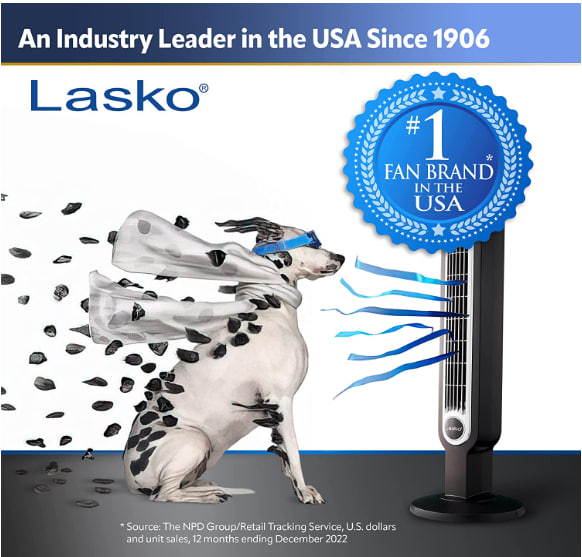 Lasko Oscillating Tower Fan, Remote Control, 3 Speeds, for Bedroom, Kitchen, Office, 36′′, Black