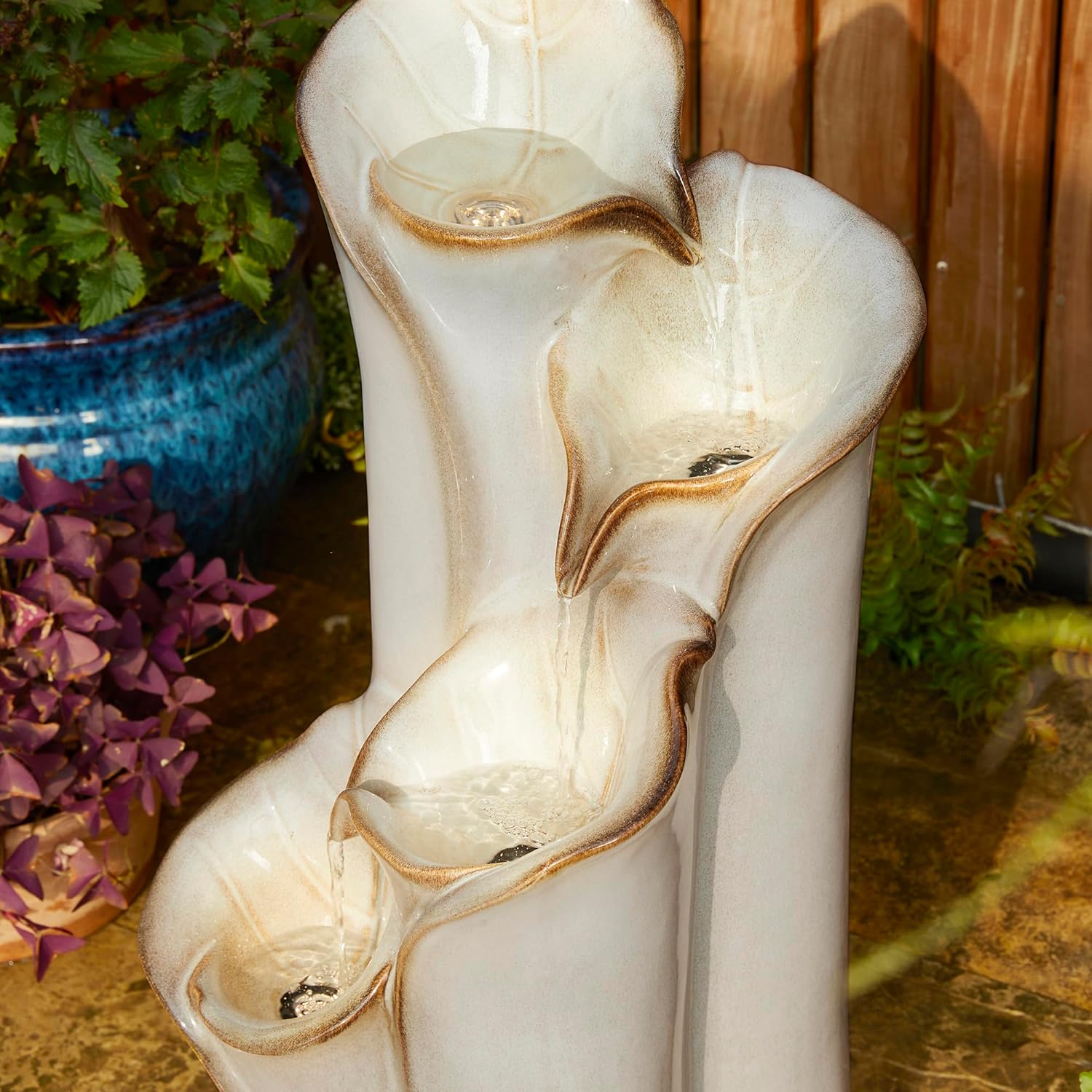 Outdoor Water Fountain with LED Lights and Pump, 4 Tier Dandelion Texture Vase Shaped Ceramic Floor Standing Fountain with Birds for Porch Deck Garden Patio Backyard, Turquoise