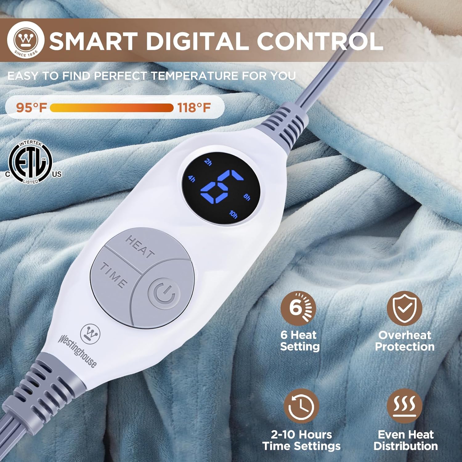 Westinghouse Heated Throw Blanket, Soft Flannel to Sherpa Electric Throw with 6 Heating Levels, 2-10 Hours Time Settings, Fast Heating, Machine Washable 50x60 Inch, Charcoal