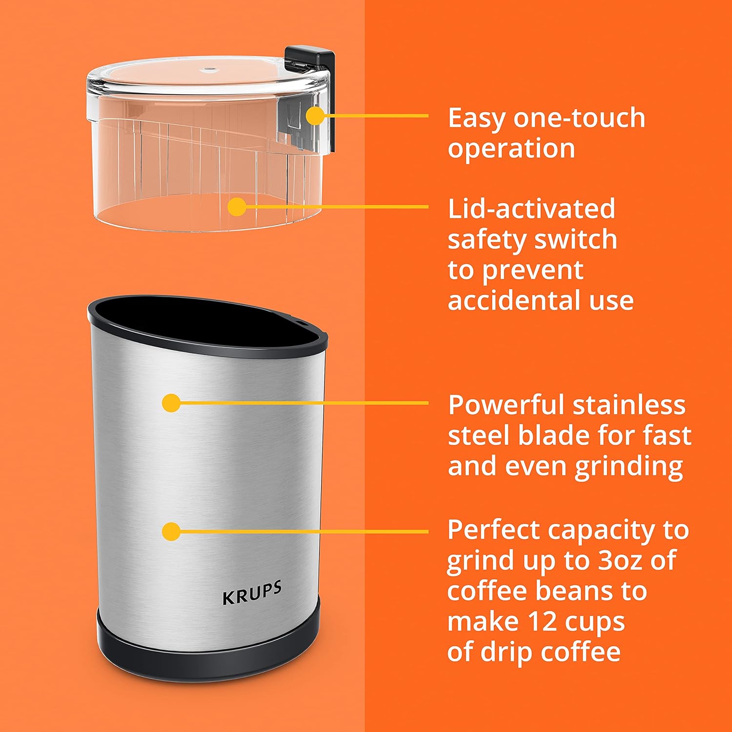 Krups One-Touch Coffee and Spice Grinder 3 Ounce Bean Hopper Easy to Use, One Touch Operation 200 Watts Coffee, Spices, Dry Herbs, Nuts, 12 Cup Black